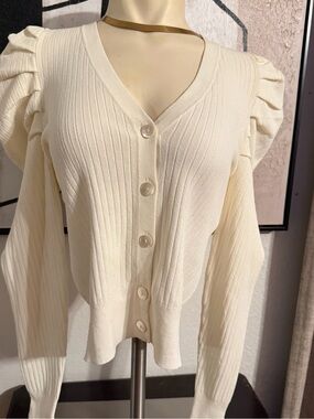 Autumn Cashmere Cream Puff-Sleeve Ribbed Button Cardigan